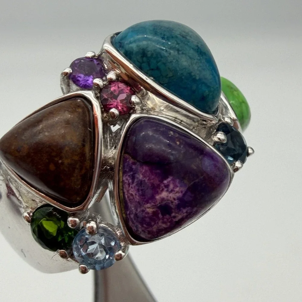 Vtg Lorenzo Sterling Silver Multi Gemstone Ring Turquoise Chrome Diopside QVC S7